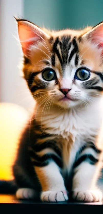 Cute kitten with bright eyes and fluffy fur in warm, teal-toned lighting.