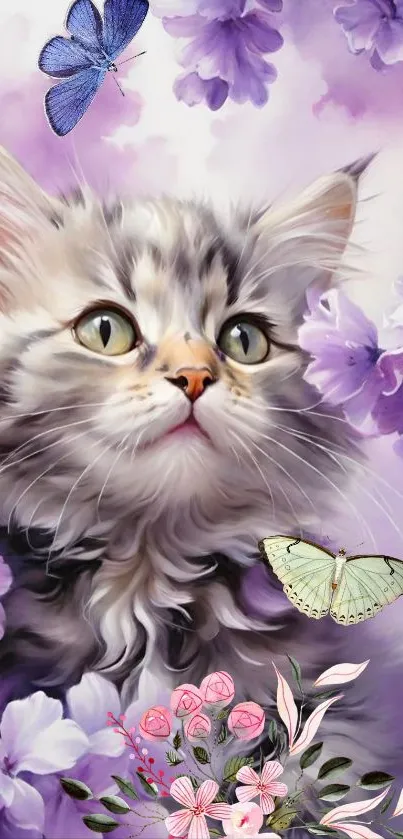 Fluffy kitten with butterflies and lavender flowers background.