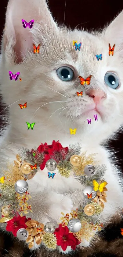 Cute kitten with colorful butterflies on brown background.