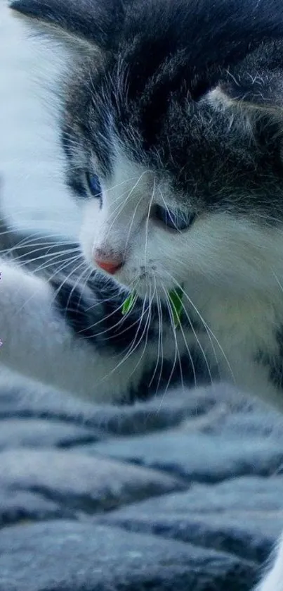 Curious kitten with pink flower on stones.