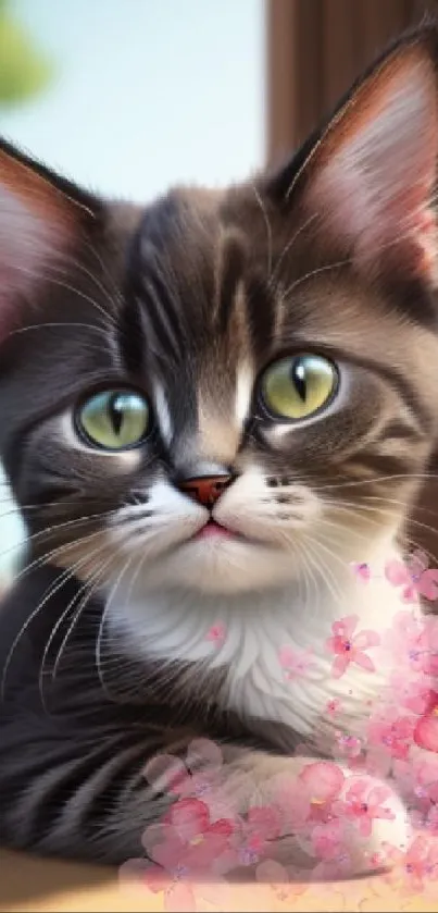 Adorable kitten with pink flowers background.