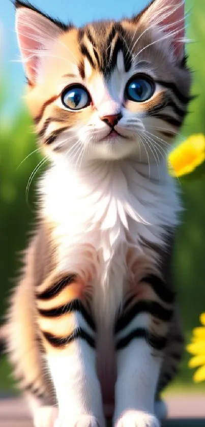 Adorable kitten with blue eyes and striped fur on a sunny lawn with sunflowers.