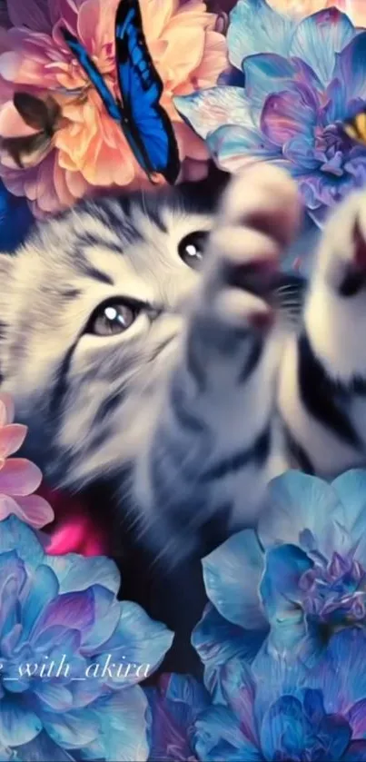 Cute kitten reaching among colorful flowers and butterflies.