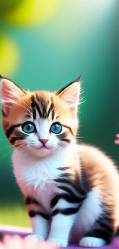 Adorable kitten with colorful flowers on a vibrant green background.