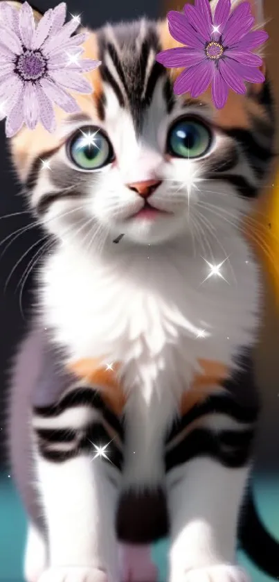 Adorable kitten with flowers and sparkles, perfect for mobile wallpaper.