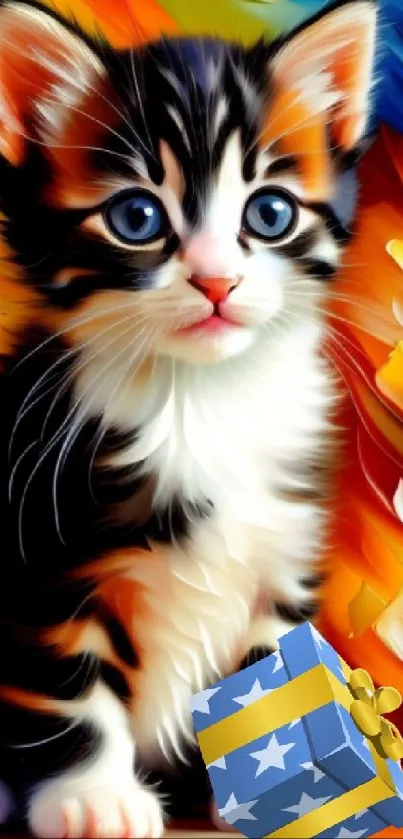 Cute kitten with a colorful gift box art wallpaper.