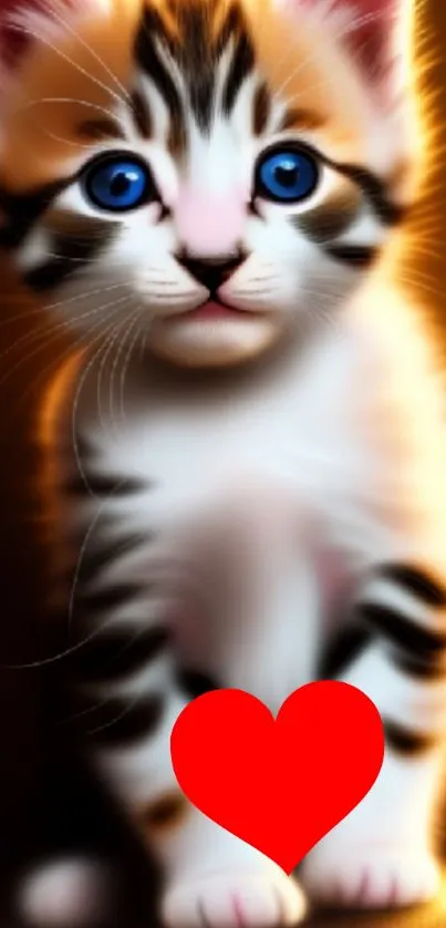 Adorable blue-eyed kitten with a red heart on a mobile wallpaper.