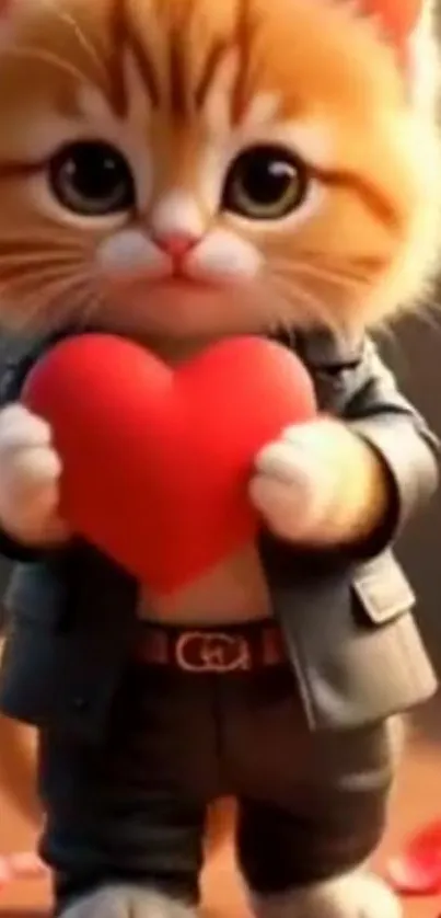 Cute kitten in suit holding a red heart.