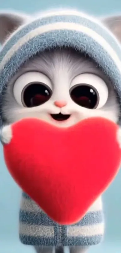 Cute cartoon kitten holding a red heart.