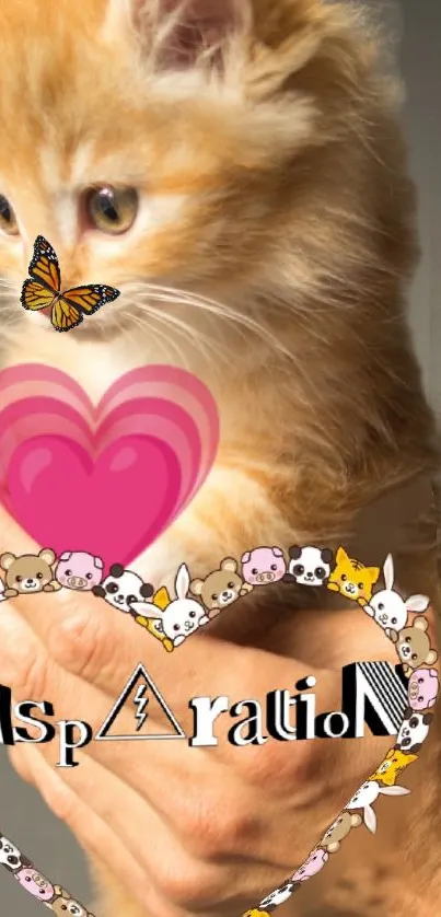 Adorable orange kitten with pink heart and butterfly on paw.