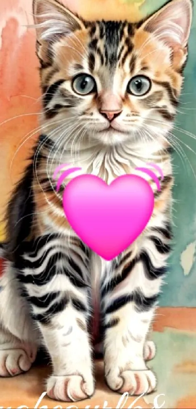 Adorable kitten art with pink heart on watercolor background.