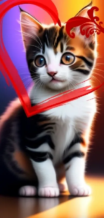 Cute kitten with heart overlay on vibrant background.