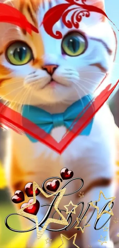 Cute kitten in a colorful heart-themed mobile wallpaper.