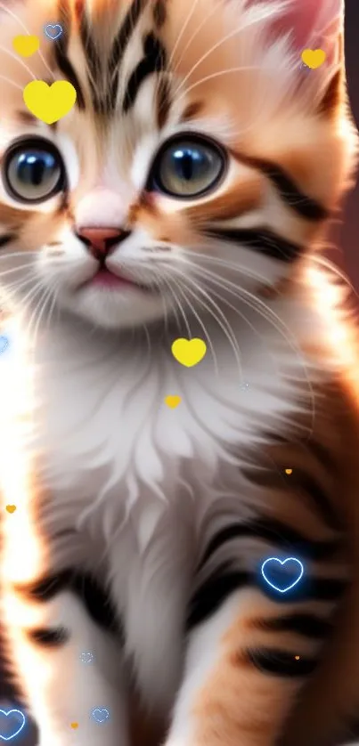 Adorable fluffy kitten with glowing hearts on wallpaper background.