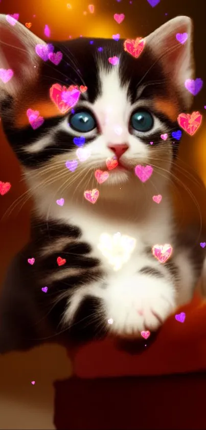 Adorable kitten surrounded by colorful hearts in a warm-toned wallpaper.