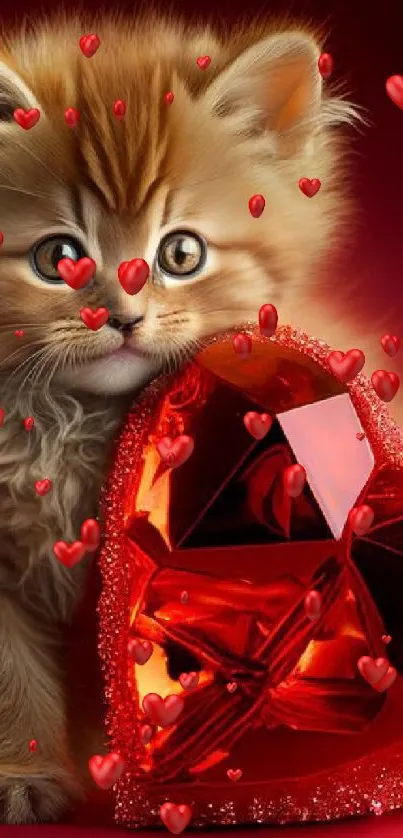 Adorable fluffy kitten holding a red heart on a vibrant background.