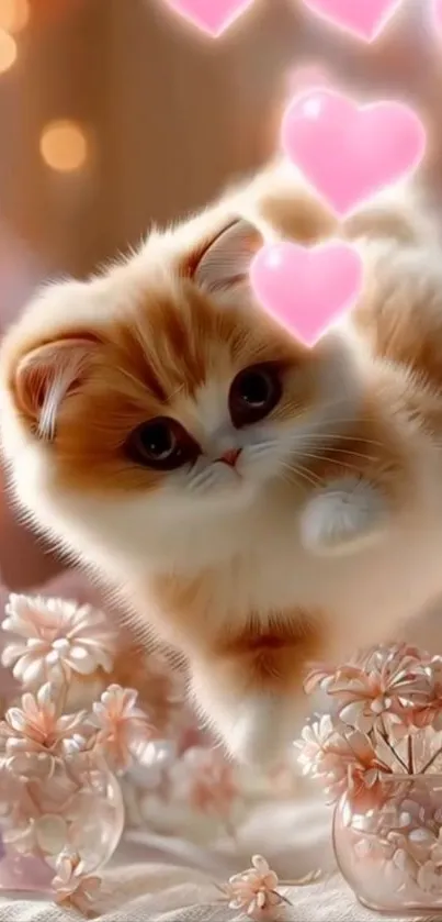 Adorable kitten with pink hearts and flowers.