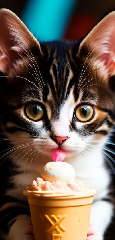 Cute kitten licking ice cream cone with curious eyes.