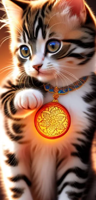 Adorable kitten with a glowing pendant on an orange background.