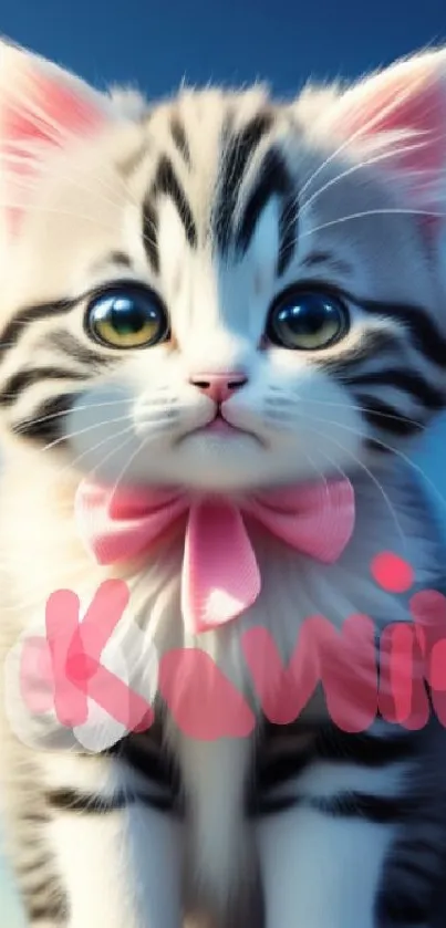 Cute striped kitten with pink bow under a blue sky.