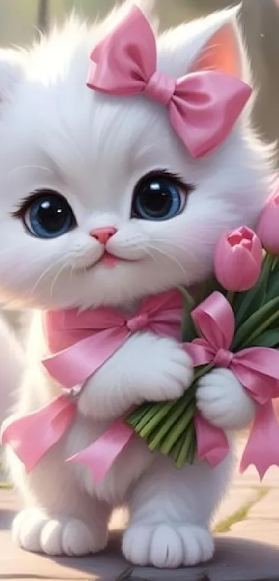 Adorable white kitten with pink bow holding tulips