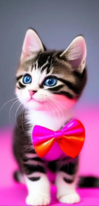 Adorable kitten with pink bow on bright background.