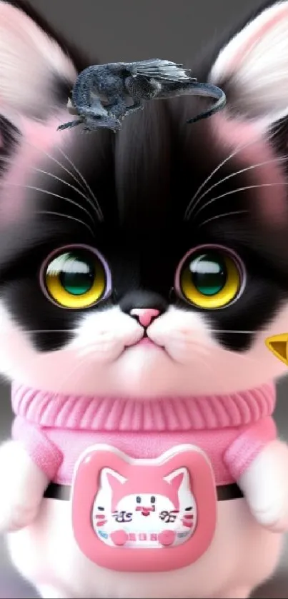 Adorable kitten in a pink hoodie wallpaper.