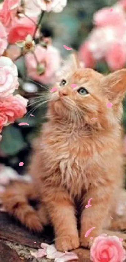 Cute orange kitten surrounded by pink roses.