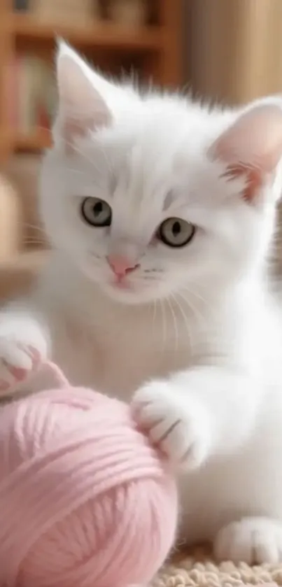 Cute white kitten plays with pink yarn ball.