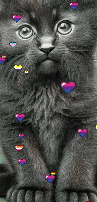 Fluffy black kitten with colorful pixel hearts on a gradient background.
