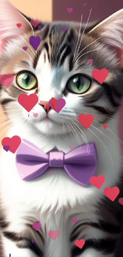 Kitten with green eyes and purple bow tie against a soft pastel background.