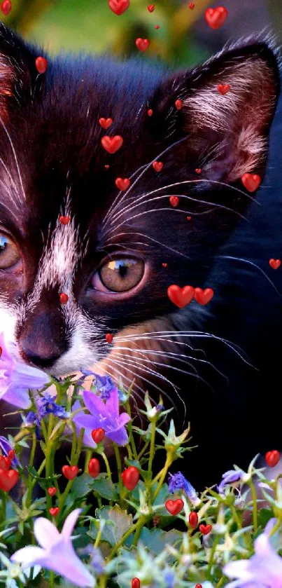 Adorable kitten with purple flowers and red hearts wallpaper.