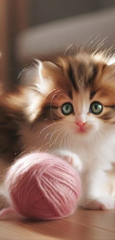 Fluffy kitten playing with a pink yarn ball on a wooden floor.