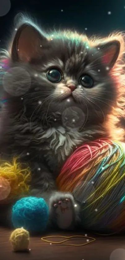 Fluffy kitten with colorful yarn balls on the floor, illuminated by soft light.