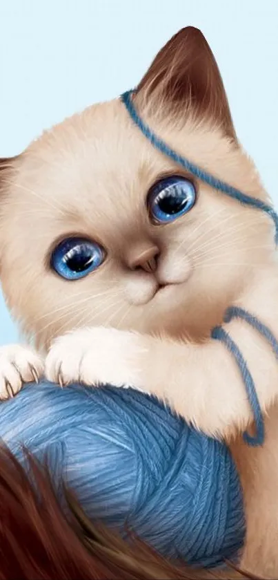 Cute kitten with blue yarn in mobile wallpaper.