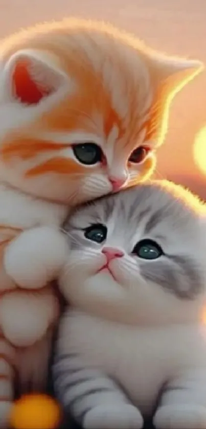 Adorable kittens snuggling at sunset, radiating warmth and affection.