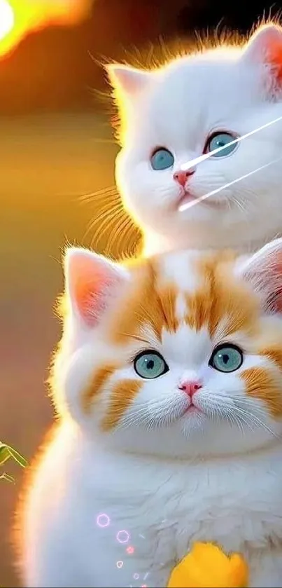 Two fluffy kittens enjoying a serene sunset with yellow flowers in the foreground.