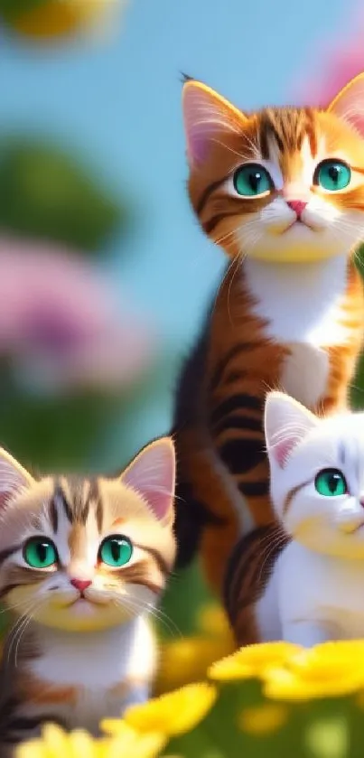 Adorable kittens with vibrant floral background, perfect for cat lovers.