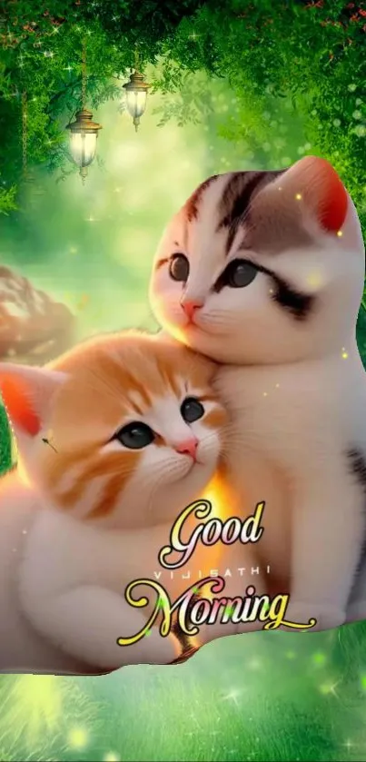 Adorable kittens in a lush forest with glowing lights and 'Good Morning' text.