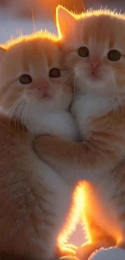 Two fluffy kittens hugging with a sunset glow.