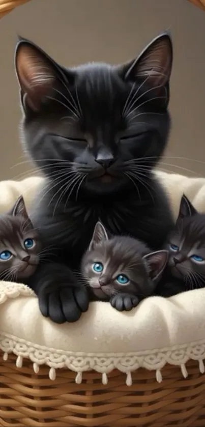 Black cat and kittens in a cozy basket, exuding warmth and cuteness.