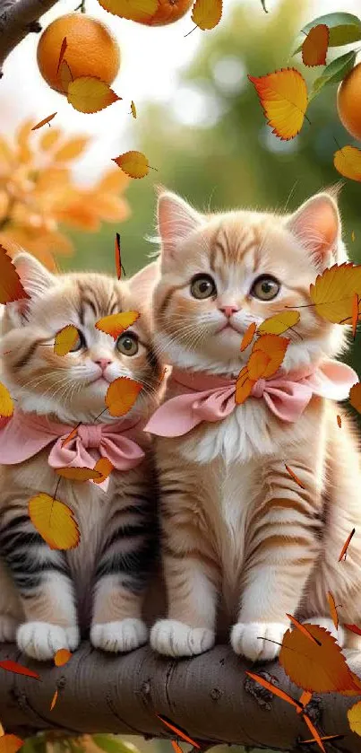 Two cute kittens with pink bows sitting among autumn leaves and oranges.