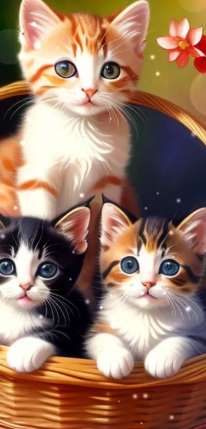 Three cute kittens in a basket surrounded by flowers.