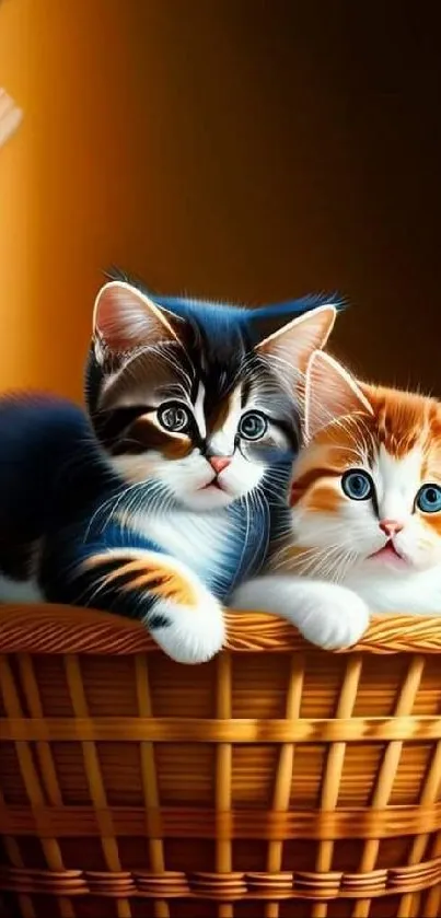 Two adorable kittens nestled in a basket mobile wallpaper.