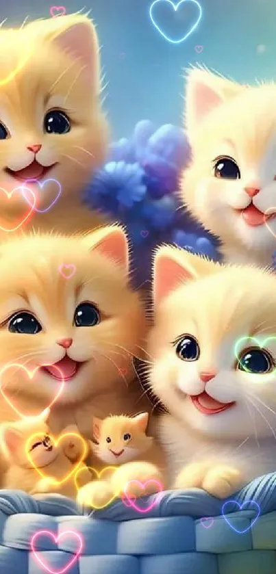 Adorable animated kittens in a basket with flowers.