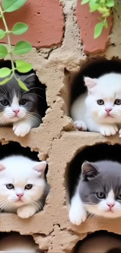 Adorable kittens peeking from brick wall hideouts.