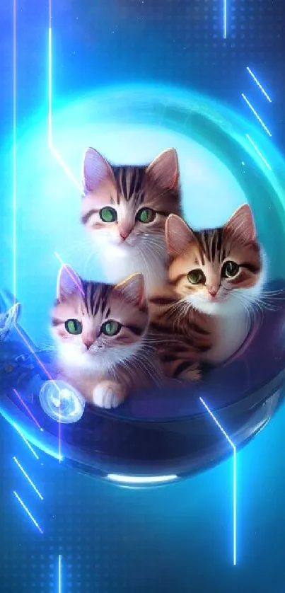 Three kittens inside a glowing crystal sphere in space.