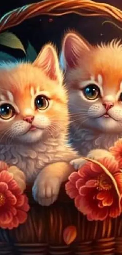 Two cute kittens in a basket with flowers.