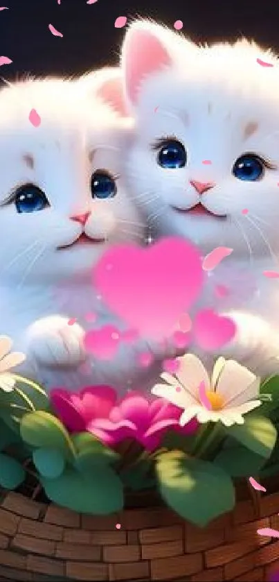 Two cute kittens in a flower-filled basket wallpaper.