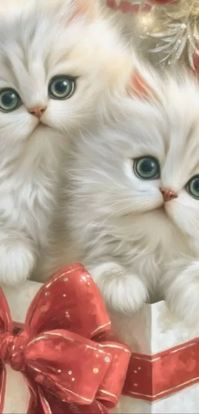 Two fluffy white kittens in a gift box with a red bow.